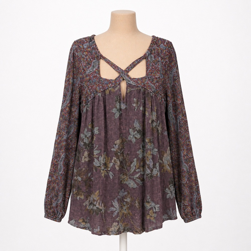 Y2K Boho Floral Paisley Cross Front Top Size L Purple Fairy Grunge Indie Strappy